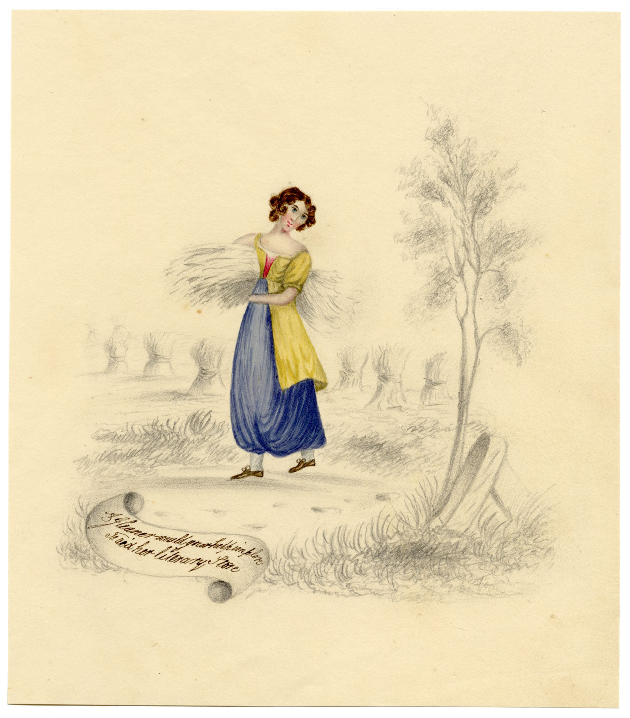 A Female 'Literary' Gleaner – Original c.1831 watercolour painting