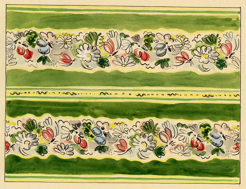 Jean Mary Ogilvie, Vintage Ditsy Flower & Insect Stripe Design – 1930s painting