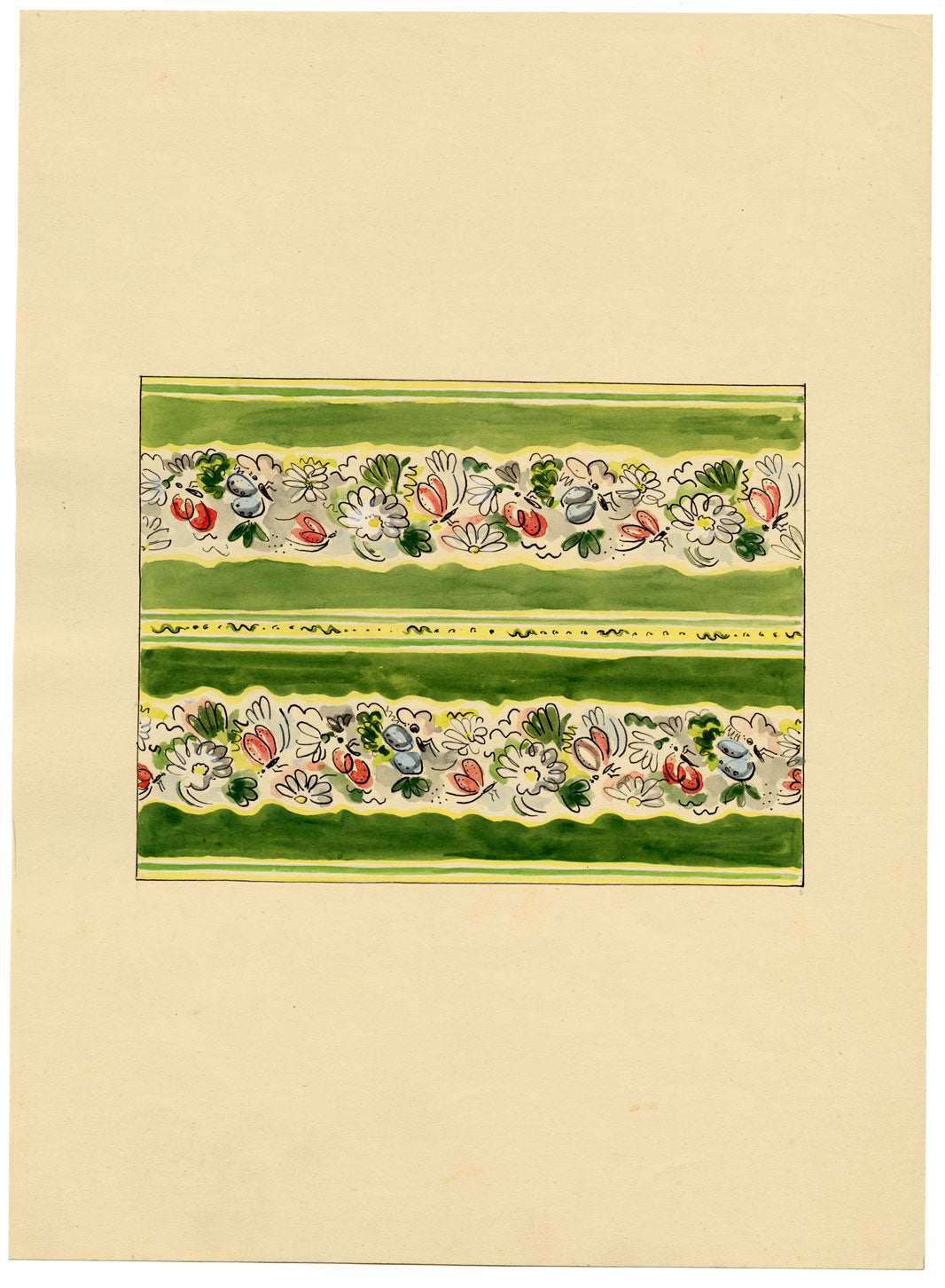 Jean Mary Ogilvie, Vintage Ditsy Flower & Insect Stripe Design – 1930s painting