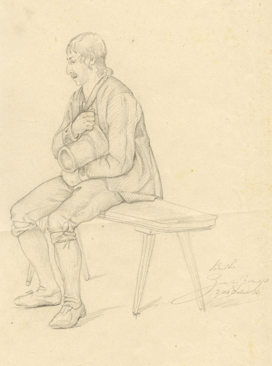Rhineland Seated Figure Study from Zell (Mosel) – Original 1833 graphite drawing