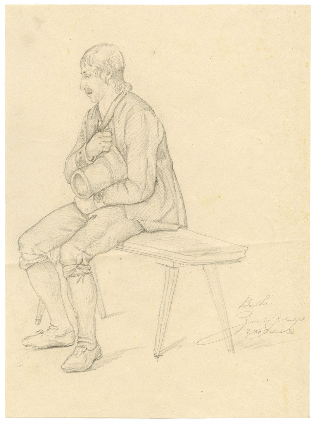 Rhineland Seated Figure Study from Zell (Mosel) – Original 1833 graphite drawing
