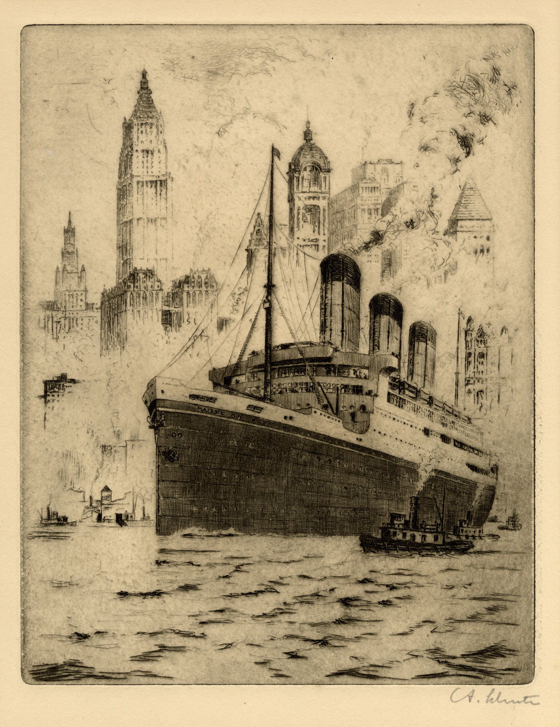Anton Schütz, SS Majestic en el puerto de Nueva York – grabado al aguafuerte de principios del siglo XX
