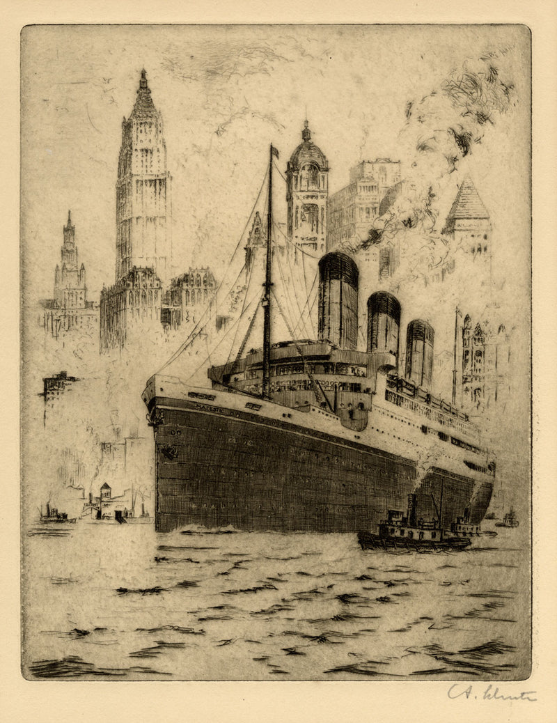 Anton Schütz, SS Majestic en el puerto de Nueva York – grabado al aguafuerte de principios del siglo XX