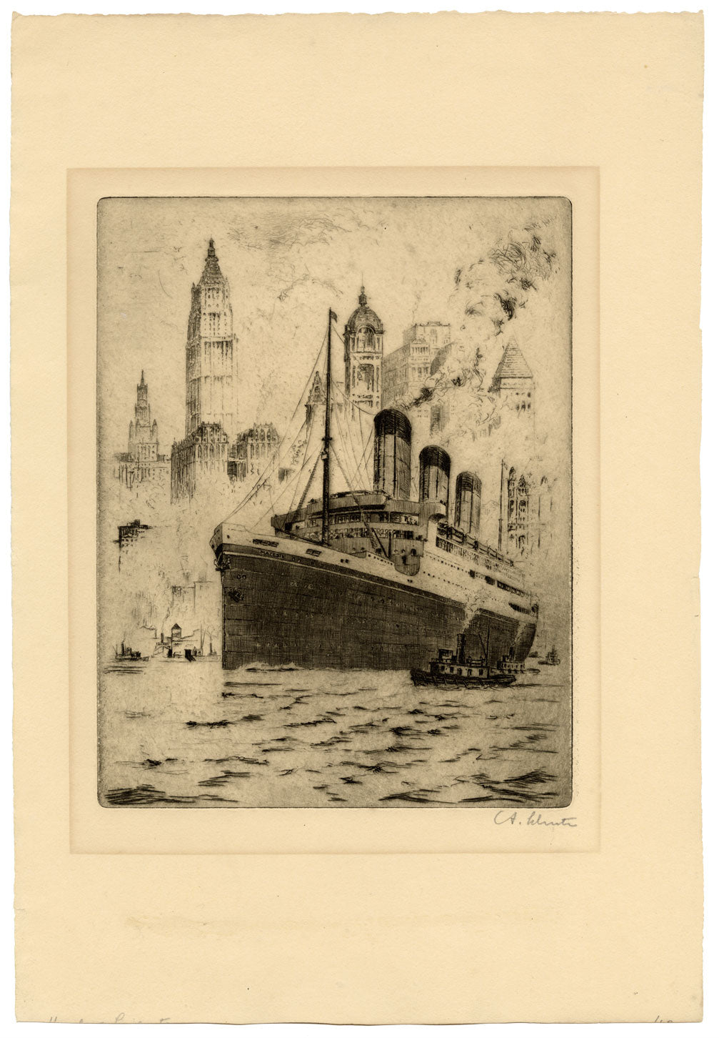 Anton Schütz, SS Majestic in New York Harbour – early 20th-century etching print