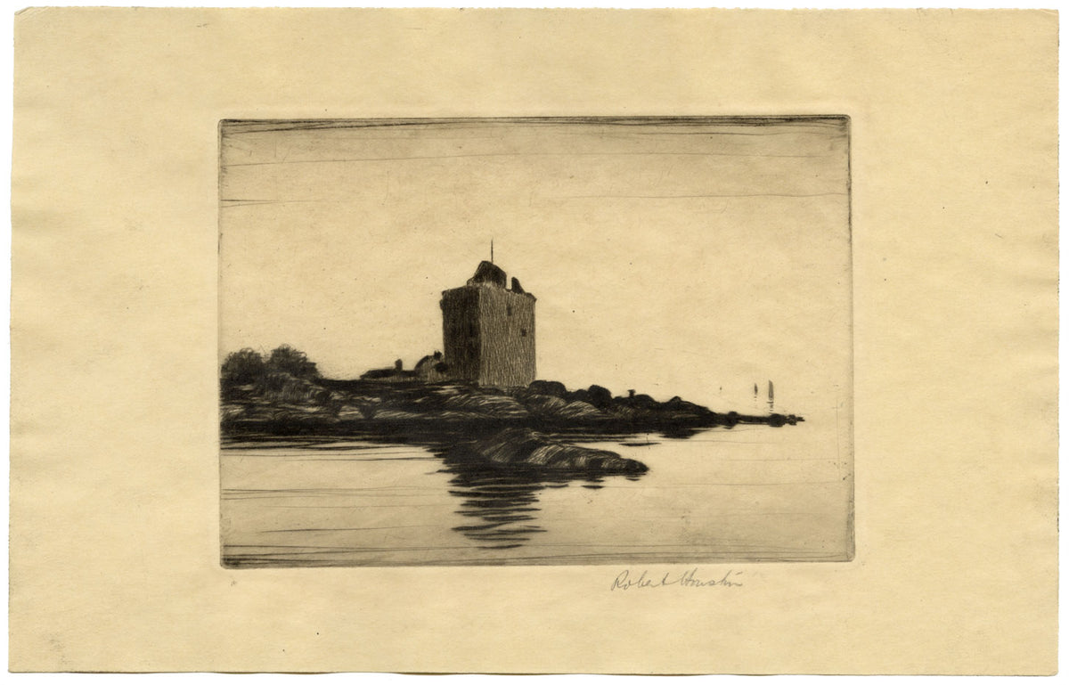 Robert Houston RWS, Castle Stalker, Argyll, Scozia – stampa all'acquaforte dei primi del XX secolo