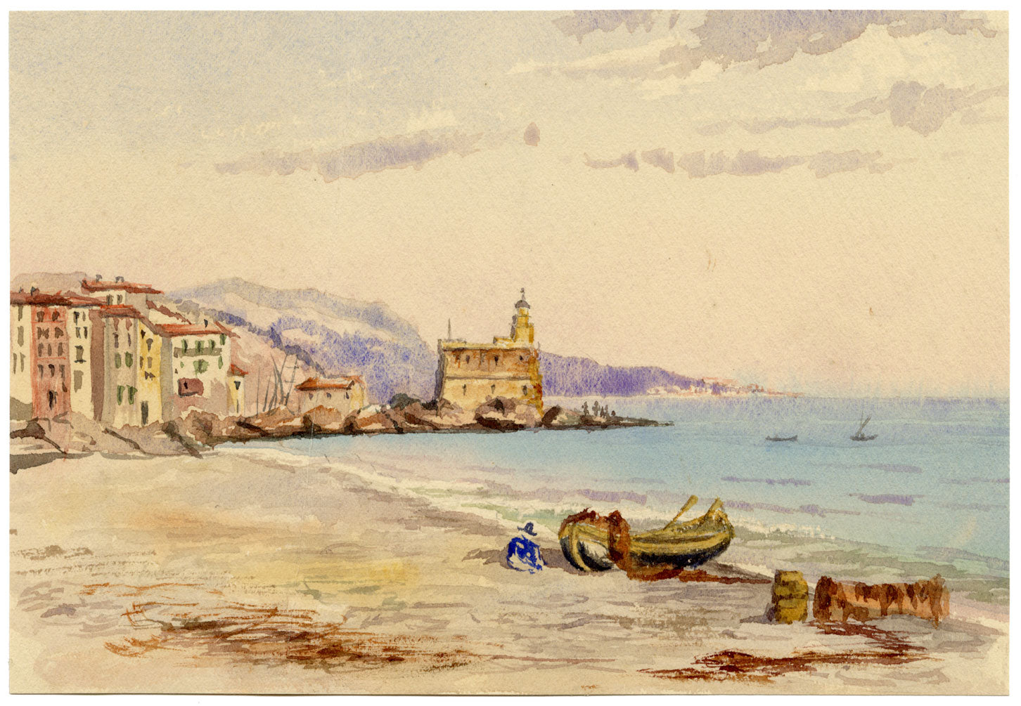 Menton from the Beach, Cote d'Azur, France – 1886 watercolour painting