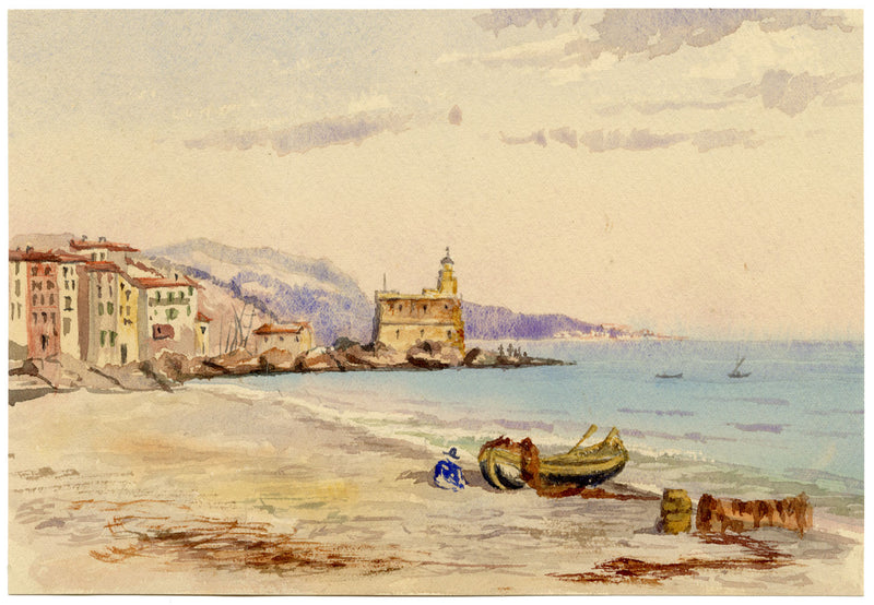 Menton from the Beach, Cote d'Azur, France – 1886 watercolour painting