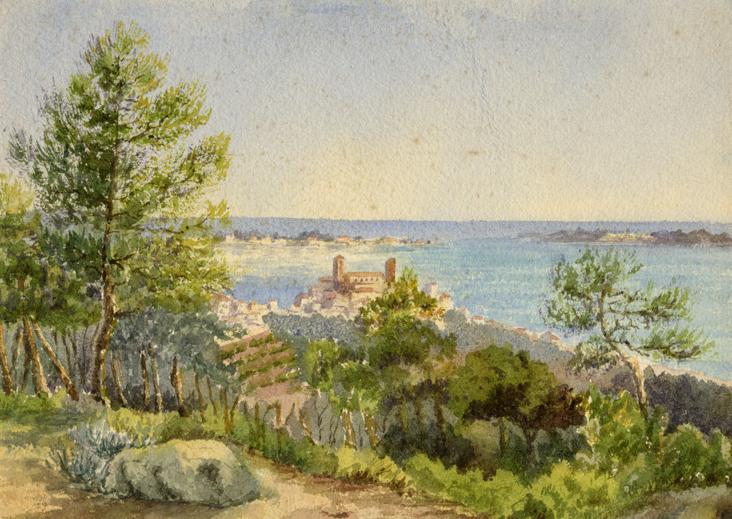 Coast at Antibes, Cote d'Azur, France – c.1880 watercolour painting
