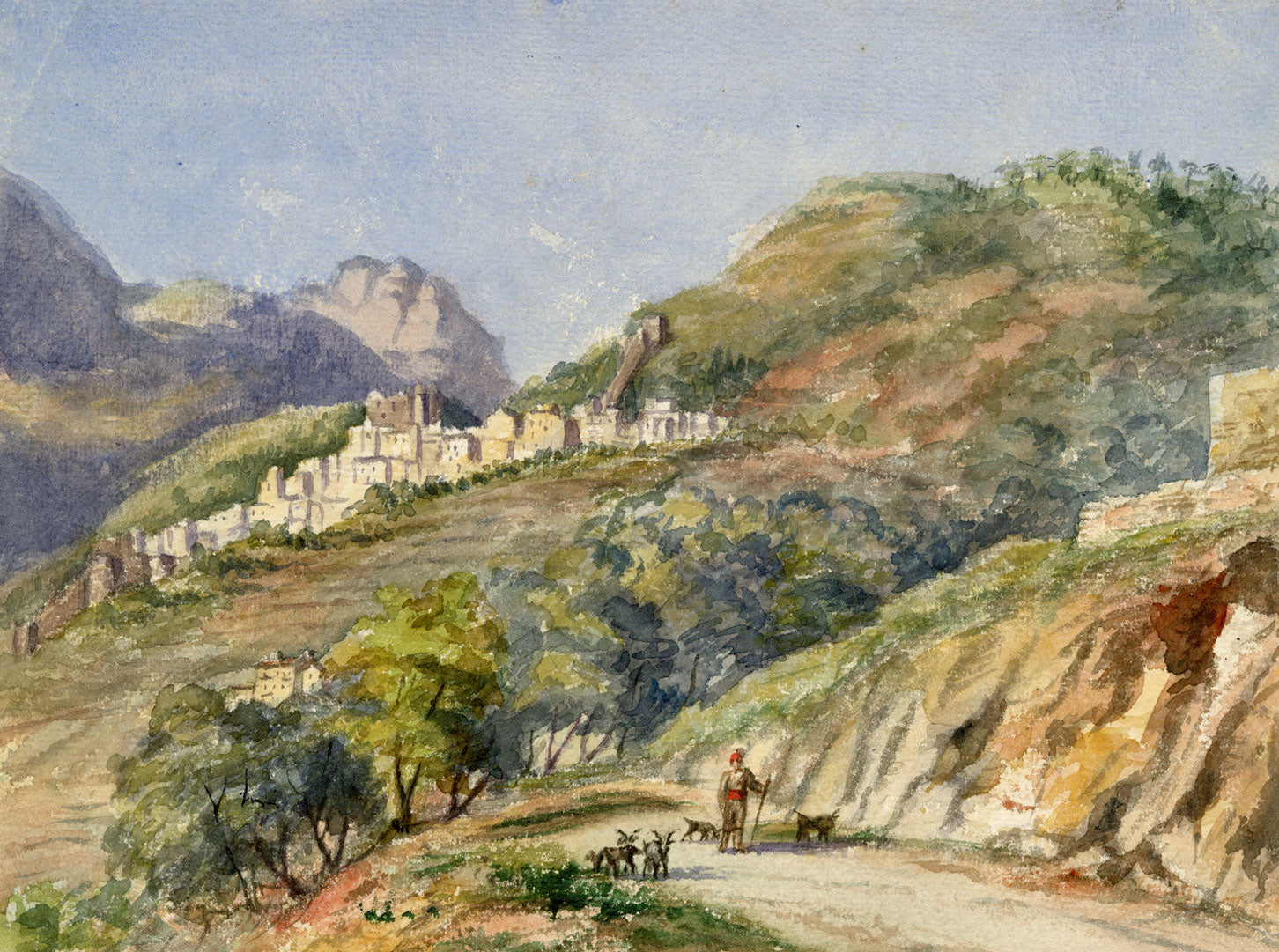 Menton & Roquebrune Hills, Cote d'Azur, France – 1880 watercolour painting