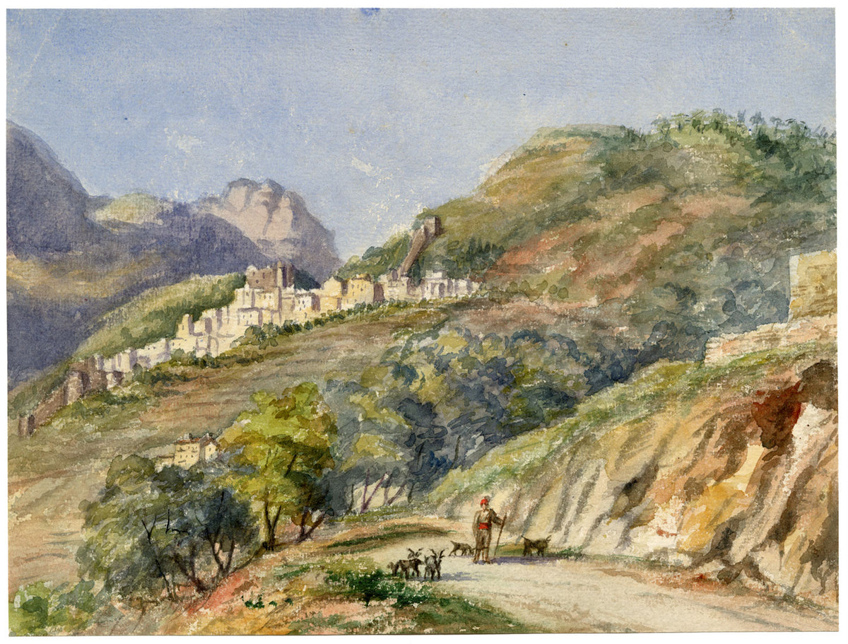 Mentone e colline di Roquebrune, Costa Azzurra, Francia – Acquarello del 1880