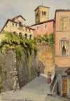 Piazza in Barga, Tuscany, Italy – Original 1900 watercolour painting