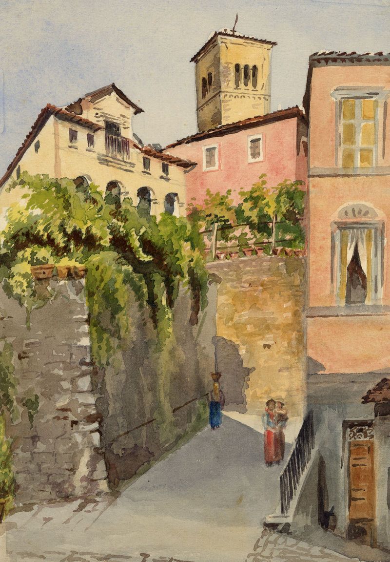 Piazza in Barga, Tuscany, Italy – Original 1900 watercolour painting