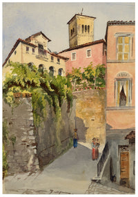 Piazza a Barga, Toscana, Italia – Dipinto originale ad acquerello del 1900