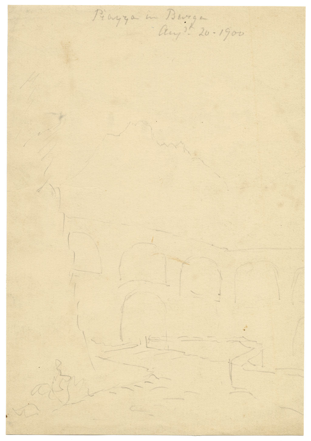 Piazza a Barga, Toscana, Italia – Dipinto originale ad acquerello del 1900