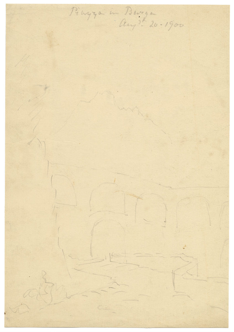 Piazza a Barga, Toscana, Italia – Dipinto originale ad acquerello del 1900