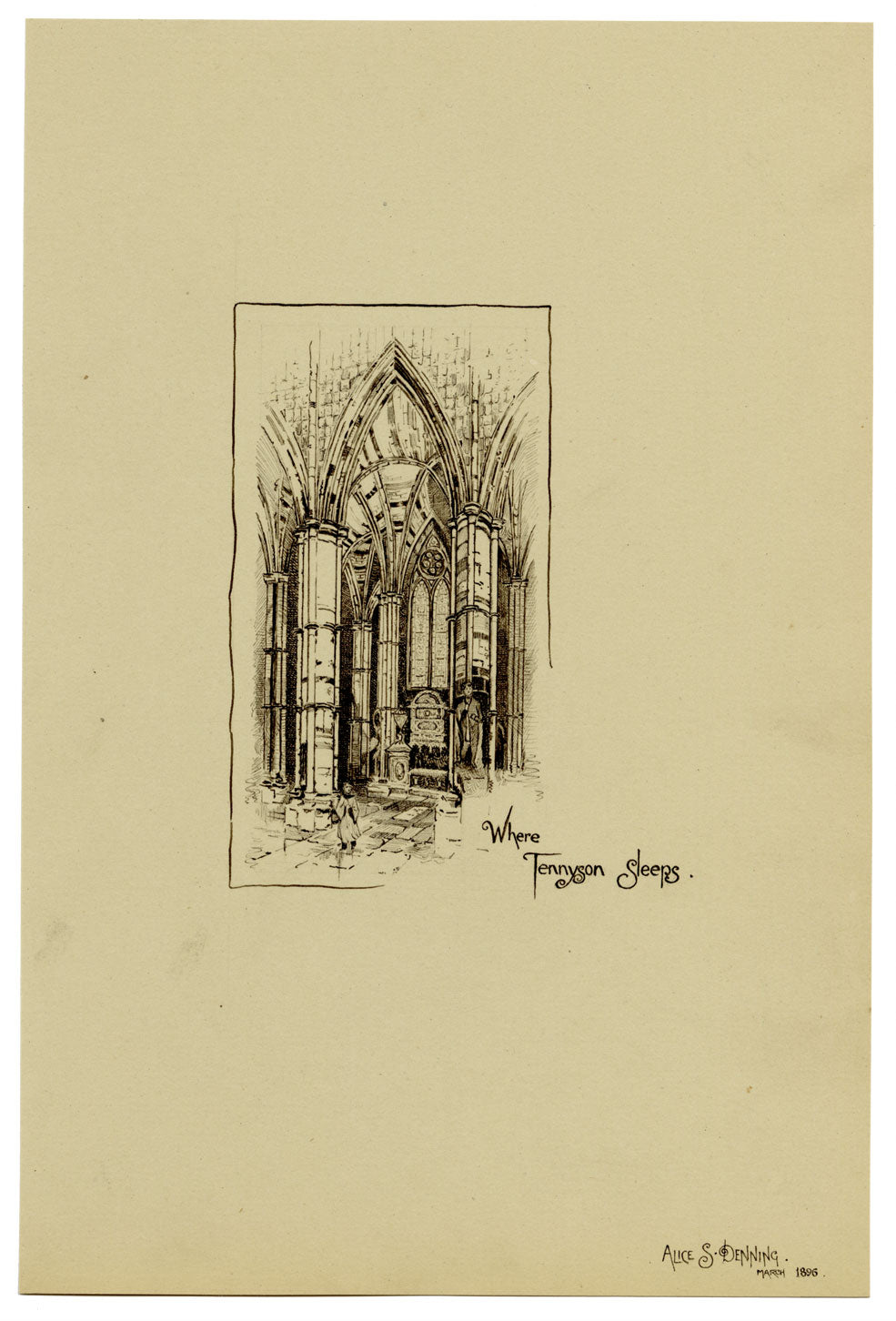 A. Denning, Where Tennyson Sleeps, Poets' Corner Westminster Abbey –1896 drawing