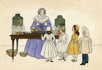 D.W., Kate Greenaway-style Children at Sweet Counter? – late C19th watercolour