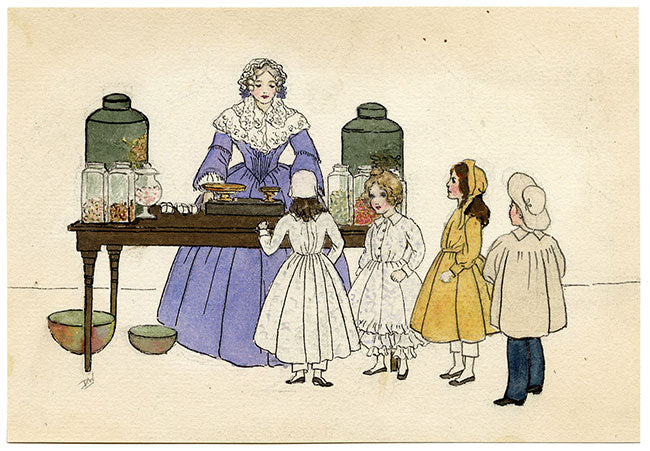 DW, Bambini allo Sweet Counter nello stile di Kate Greenaway – acquerello di fine XIX secolo