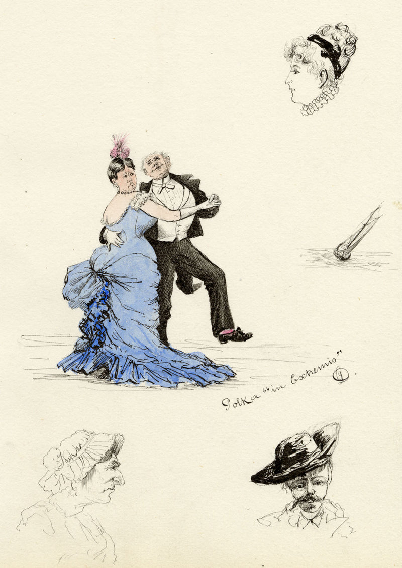 G.D., Polka in Extremis – Original late 19th-century pen & ink drawing