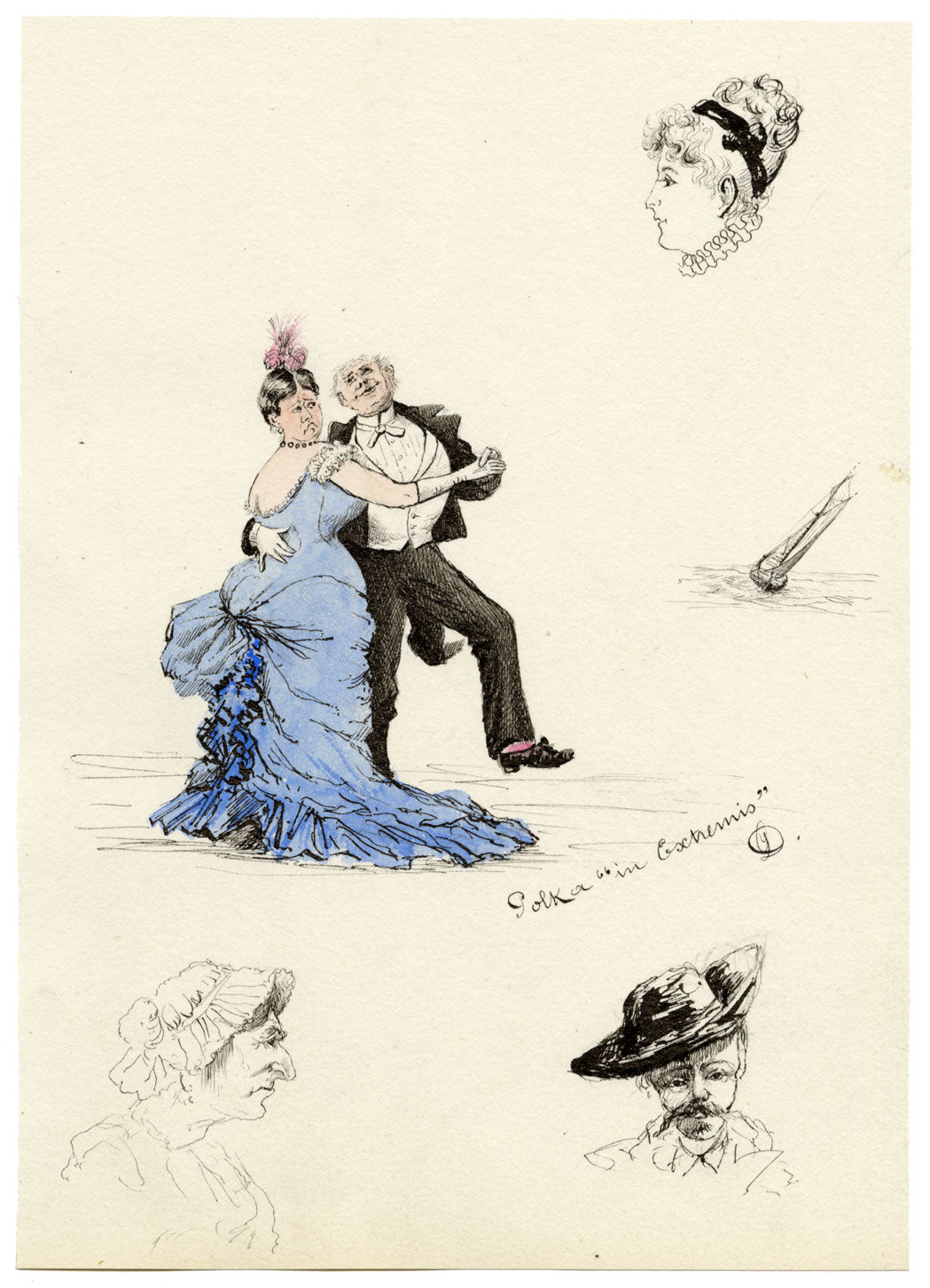 GD, Polka in Extremis – Dibujo original en pluma y tinta de finales del siglo XIX