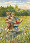 V.D., Children Gathering Poppies in Flower Meadow – late C19th watercolour