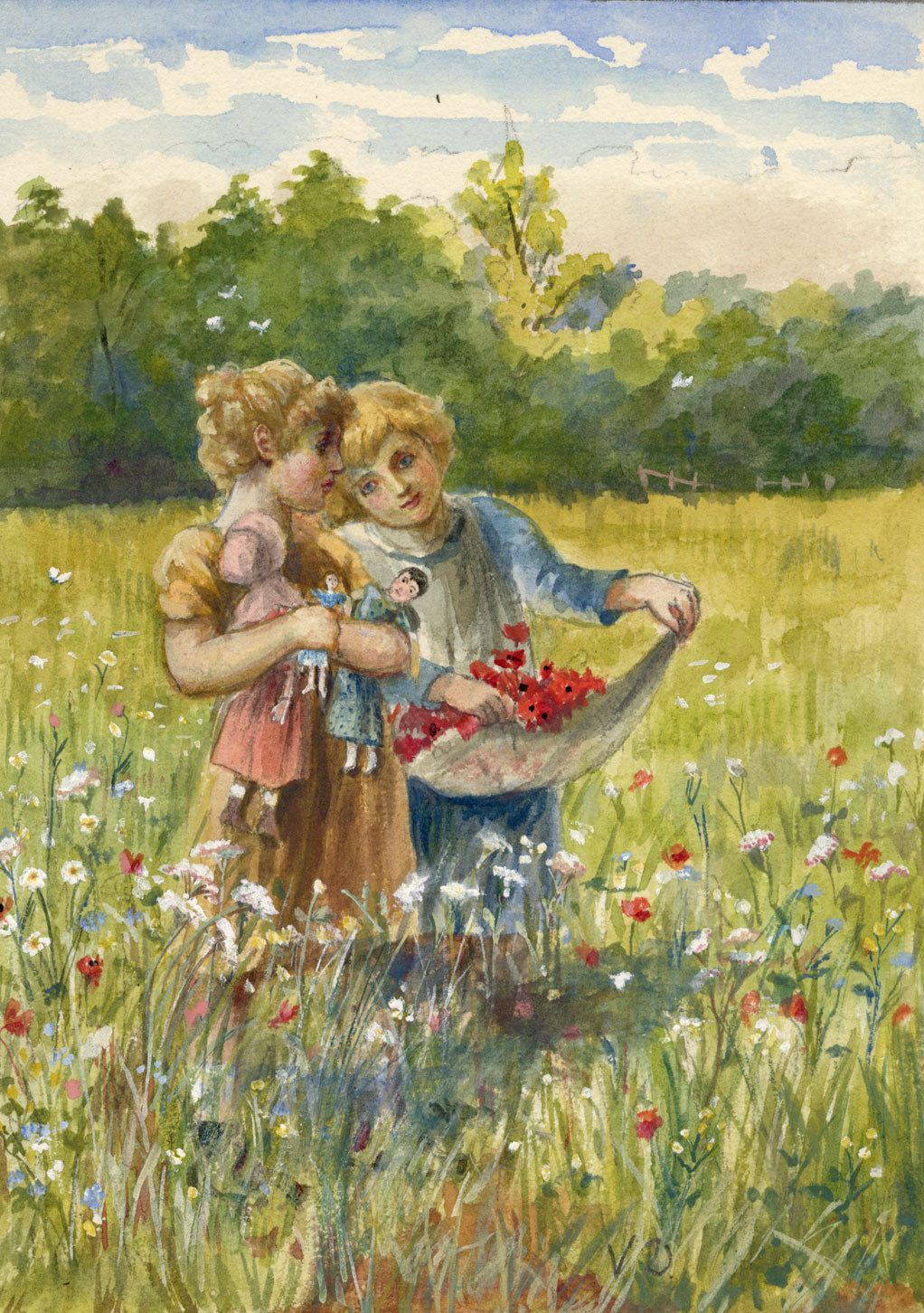 V.D., Children Gathering Poppies in Flower Meadow – late C19th watercolour