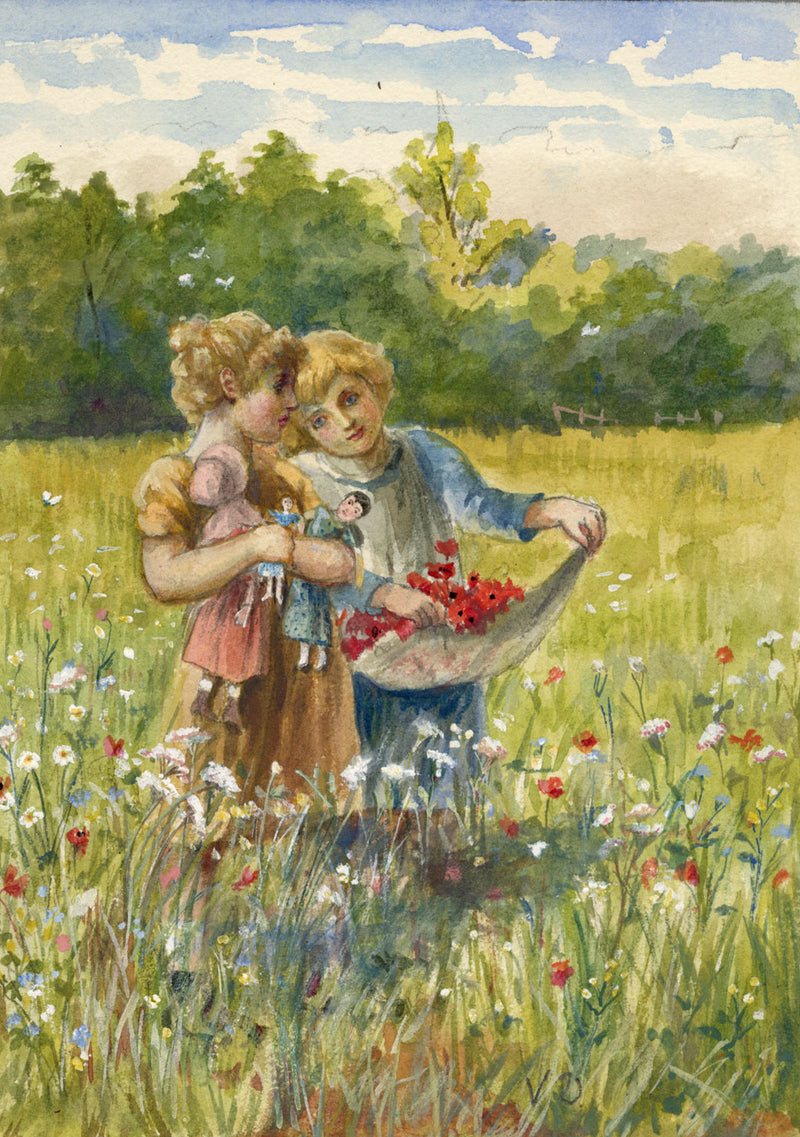 V.D., Children Gathering Poppies in Flower Meadow – late C19th watercolour
