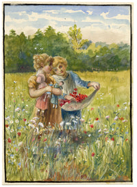 V.D., Children Gathering Poppies in Flower Meadow – late C19th watercolour