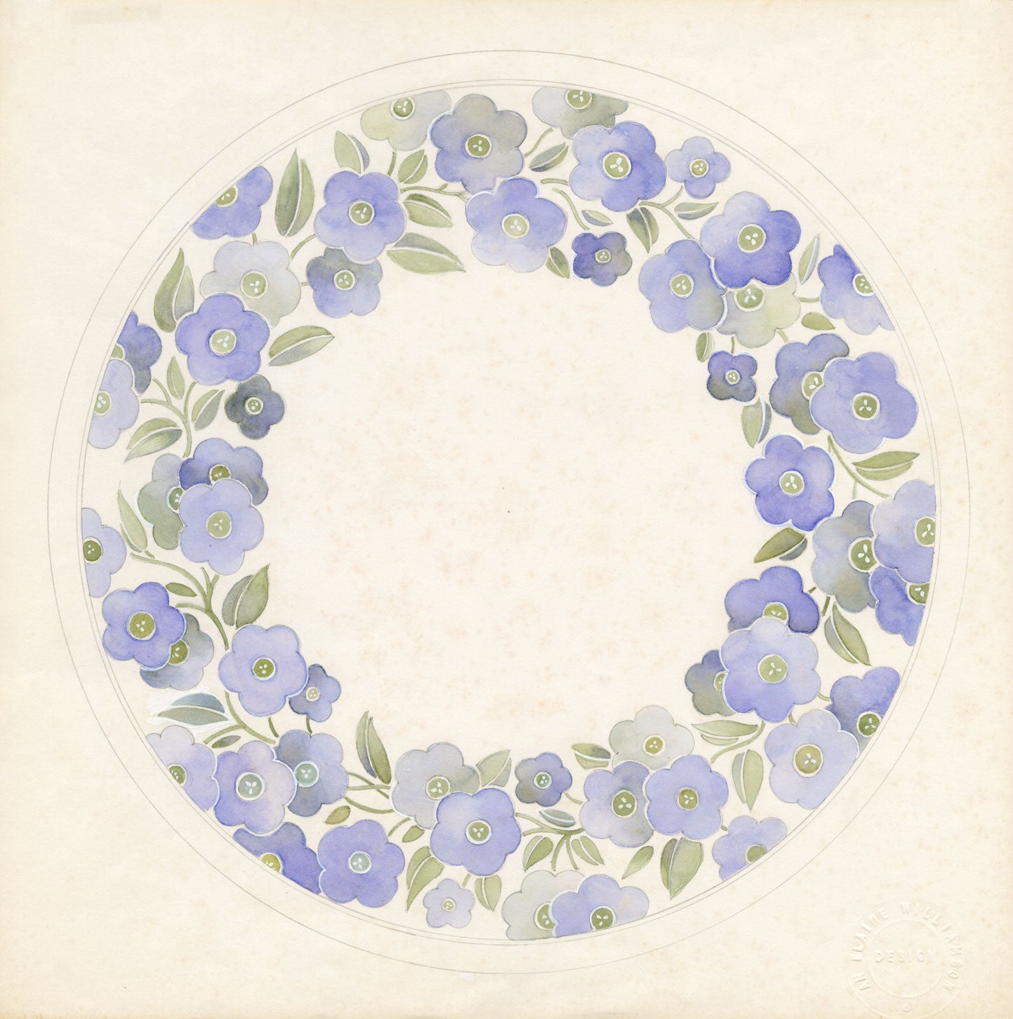 Elaine Williamson, Poole Pottery, Blue Flower Design – c.1980s watercolour