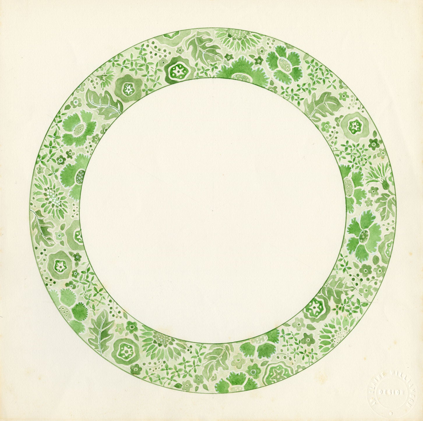 Elaine Williamson, Poole Pottery, Green Flowers Design – c.1980s watercolour