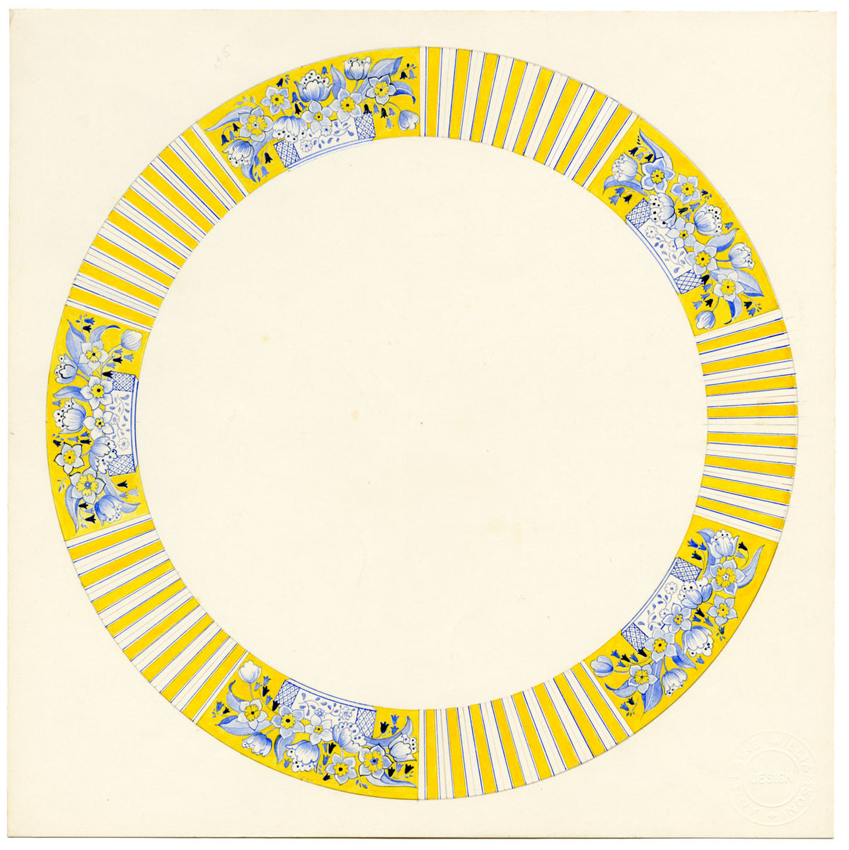 Elaine Williamson, Poole Pottery, Diseño de cerámica azul y blanca – acuarela de 1989