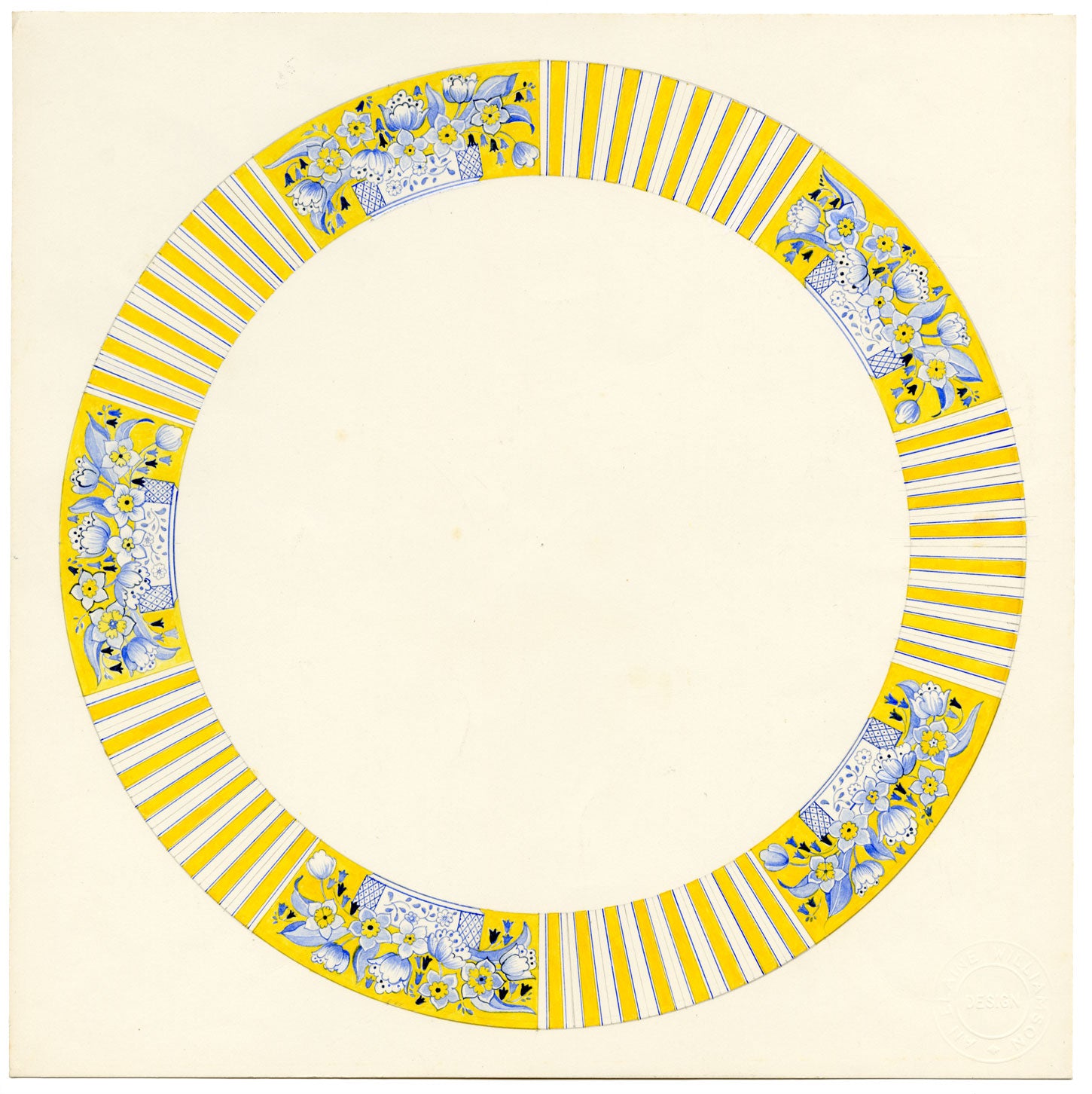 Elaine Williamson, Poole Pottery, Design in ceramica blu e bianca – acquerello del 1989