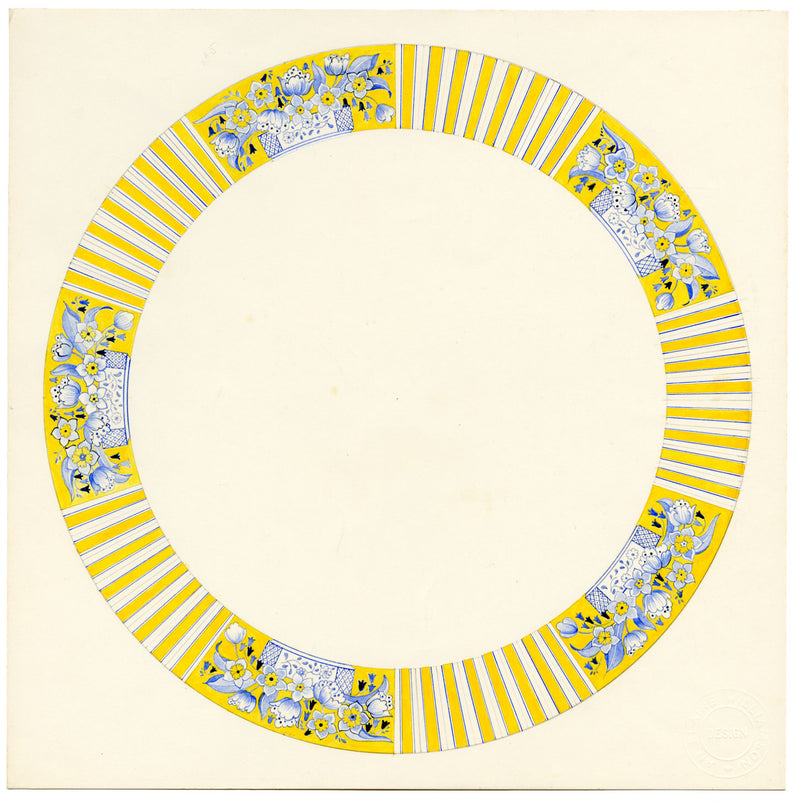 Elaine Williamson, Poole Pottery, Design in ceramica blu e bianca – acquerello del 1989