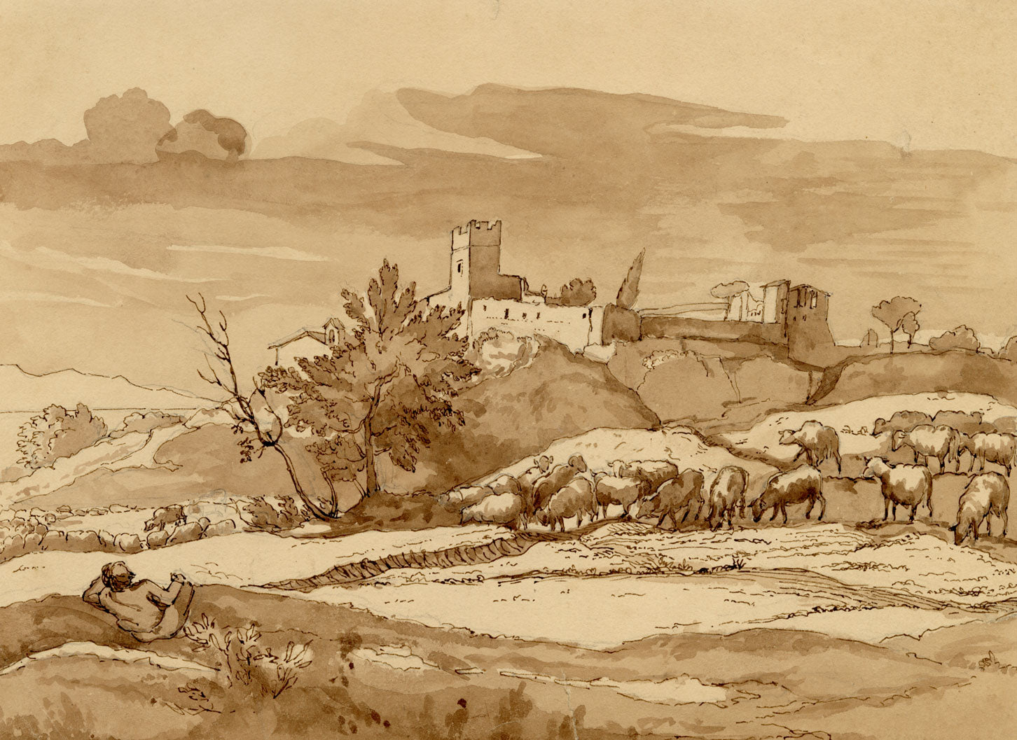 Henry Hemming, Arcadian Landscape after Claude Lorrain – 1840s watercolour