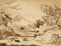 Henry Hemming, Claudian Landscape with Cows & Ruin – 1840s watercolour painting