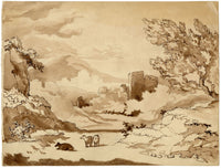 Henry Hemming, Claudian Landscape with Cows & Ruin – 1840s watercolour painting