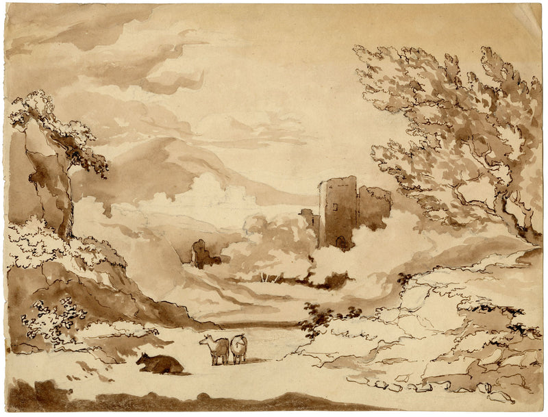 Henry Hemming, Claudian Landscape with Cows & Ruin – 1840s watercolour painting