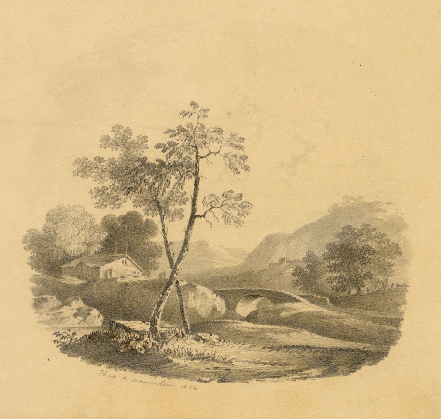 Thomas Perrott Hamilton, Picturesque Landscape Composition–1834 graphite drawing