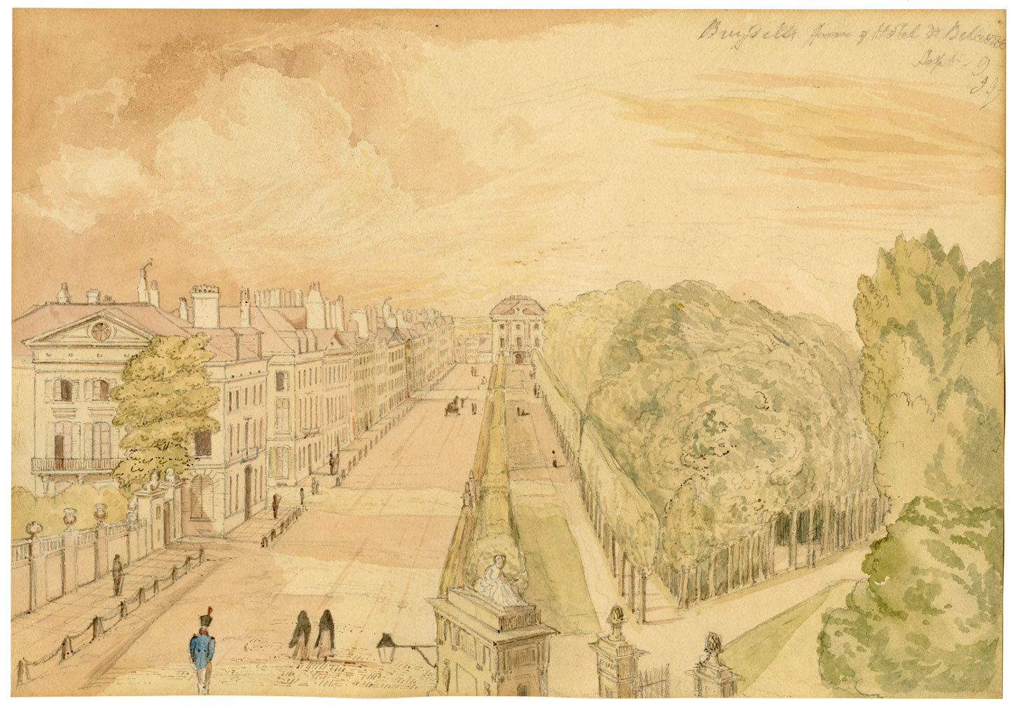 Bruxelles dall'Hotel de Bellevue – acquerello di inizio XIX secolo