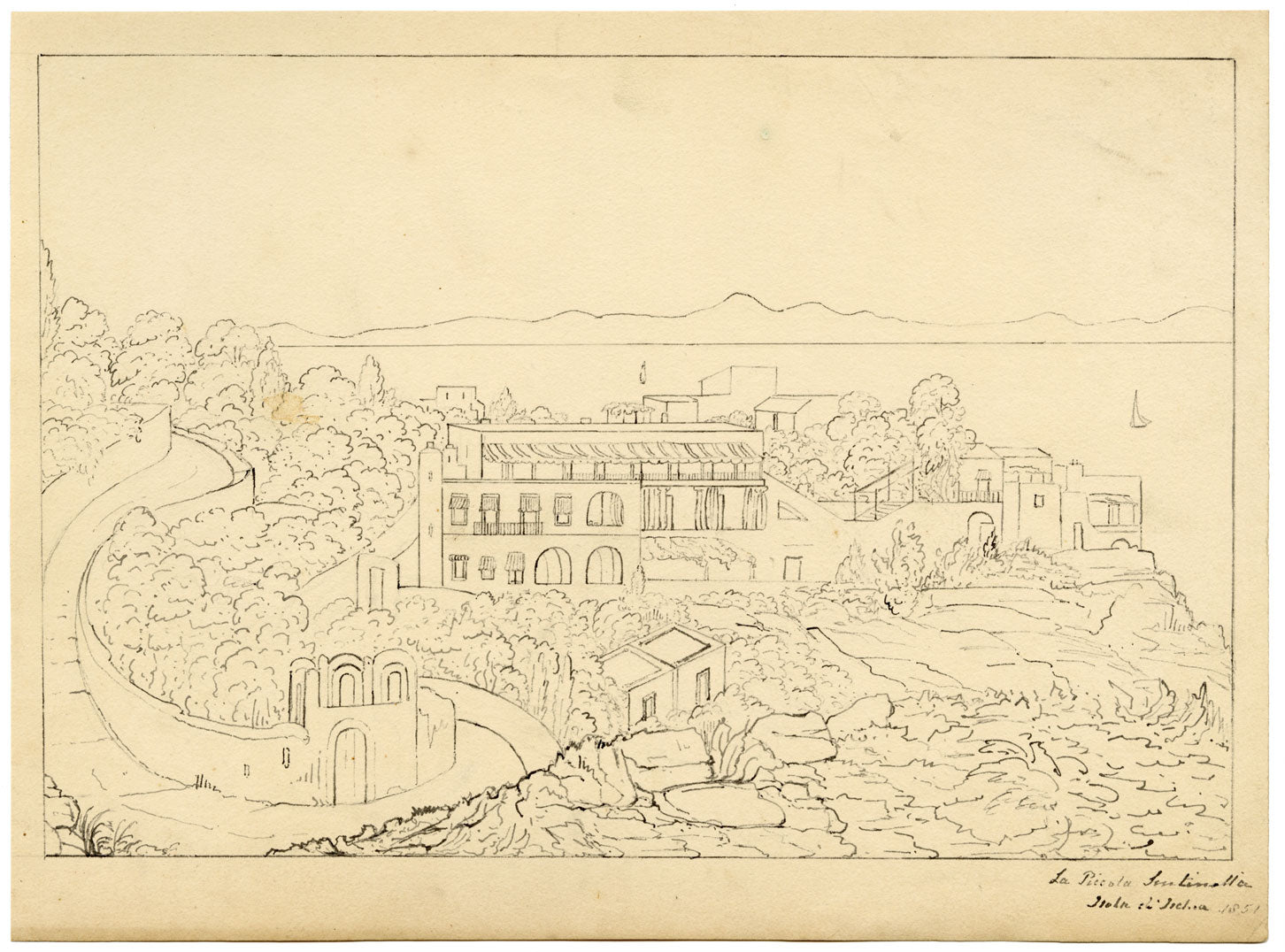 La Piccola Sentinella Hotel, Isola d'Ischia, Italy – 1851 pen & ink drawing