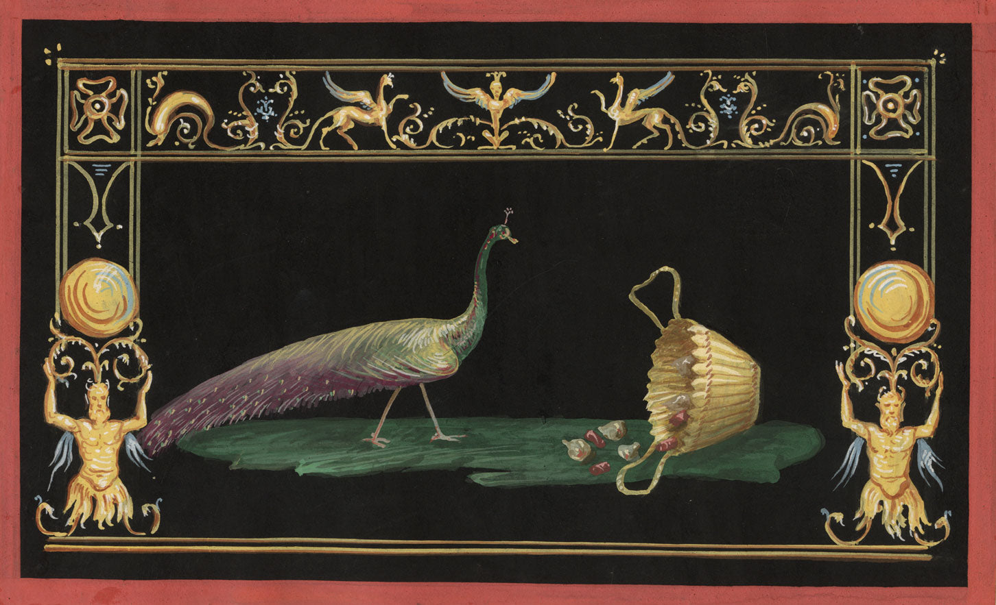 Neapolitan School, Pompeii Fresco: Peacock & Basket–early C19th gouache painting