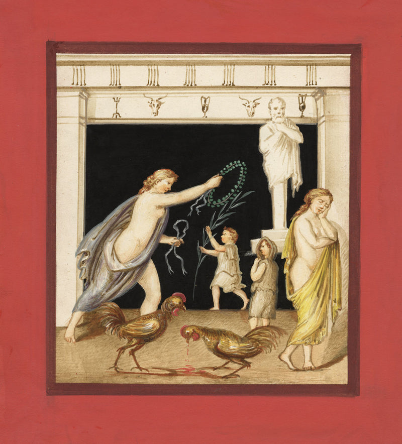 Neapolitan School, Pompeii Mosaic: Cockfighting – early C19th gouache painting