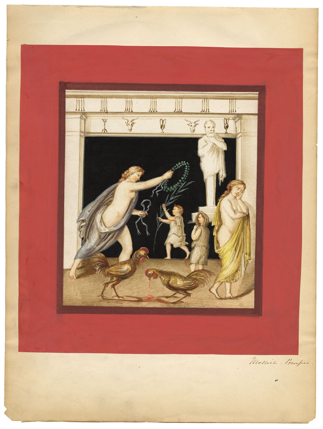 Neapolitan School, Pompeii Mosaic: Cockfighting – early C19th gouache painting