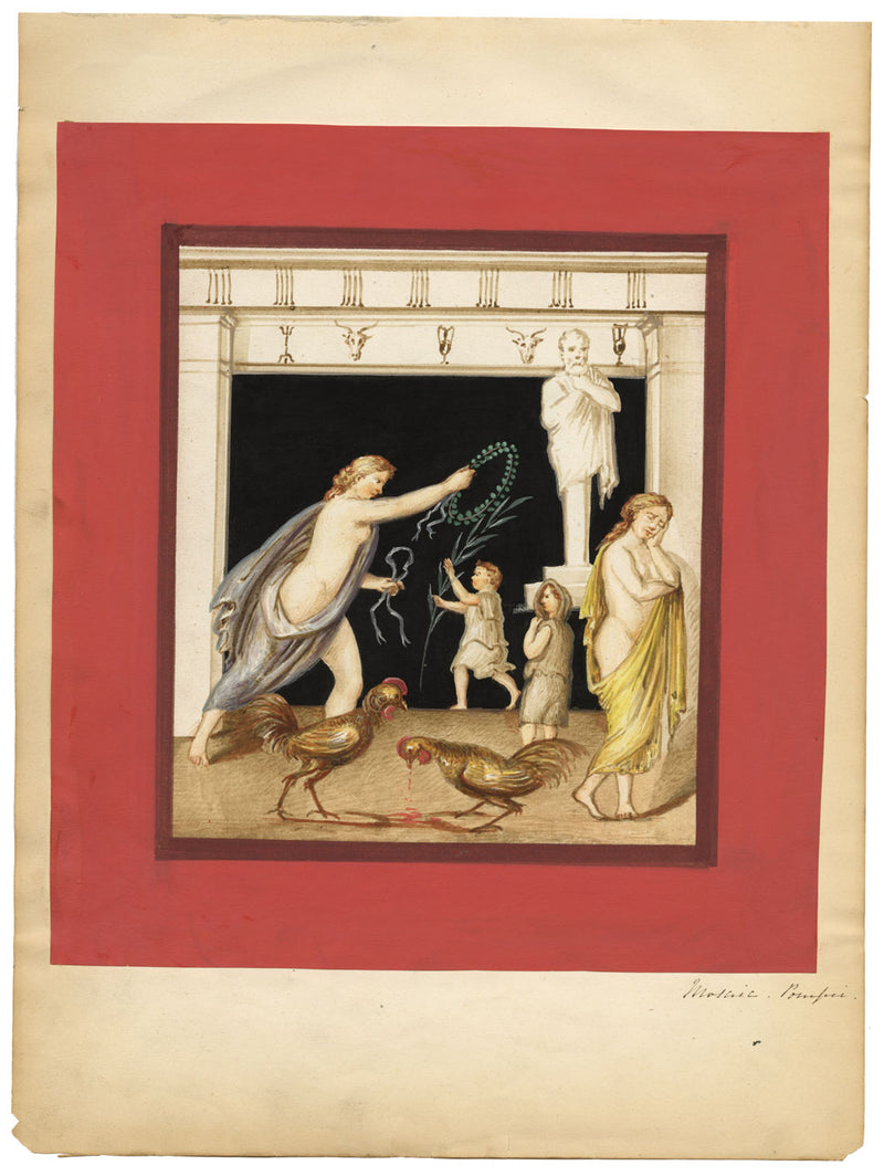 Escuela napolitana, mosaico de Pompeya: peleas de gallos, pintura al gouache de principios del siglo XIX