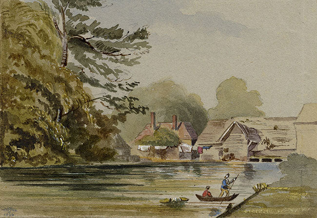 Punting on a Backwater – Original 1846 graphite drawing