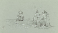 Sailing Frigate off Quay – Original 1843 graphite drawing