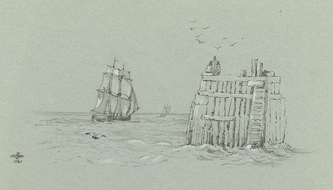 Sailing Frigate off Quay – Original 1843 graphite drawing