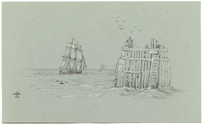 Fragata de vela frente al muelle – Dibujo original de grafito de 1843