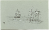 Sailing Frigate off Quay – Original 1843 graphite drawing