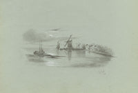 C.A.F., Coastal View with Windmill, Norfolk – Original 1843 graphite drawing